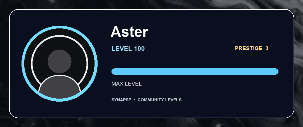 A Synapse rank card at maximum level with three prestige marks, drawn by the bot.