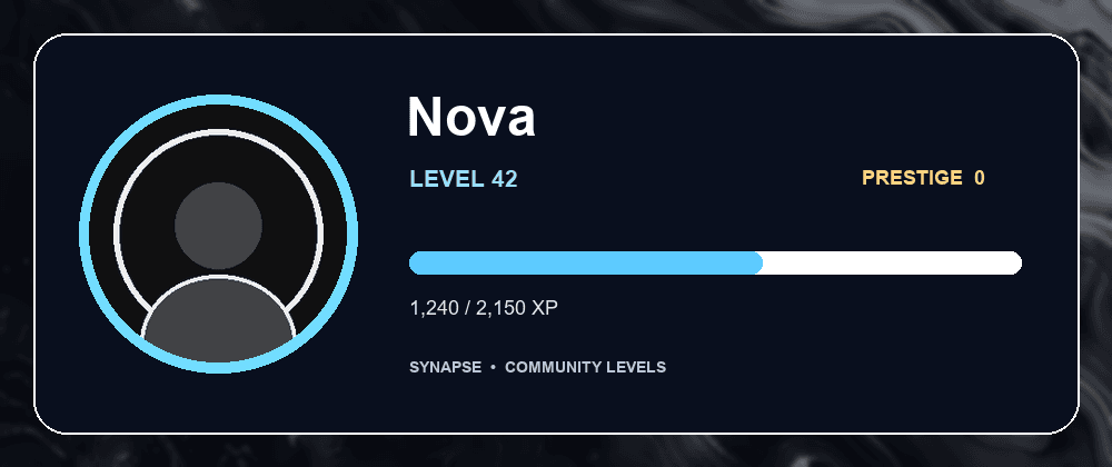 A Synapse rank card: member Nova at level 42, with her avatar, level and XP progress.
